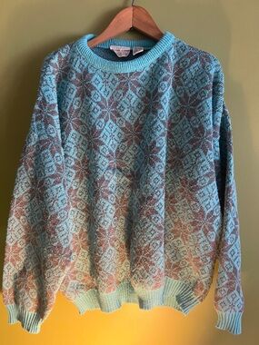 Turquoise & Brown Patterned Knit Sweater, medium